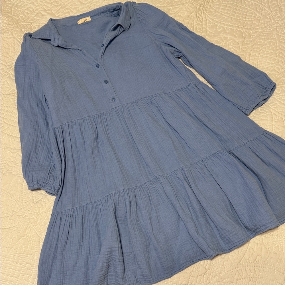 a.n.a Sky Blue Button-Up Tiered Dress